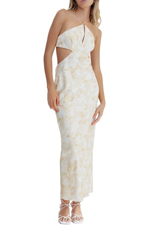 Significant Other Holly Cutout Halter Neck Midi Dress in Almond Stencil Print, Size 10 Us