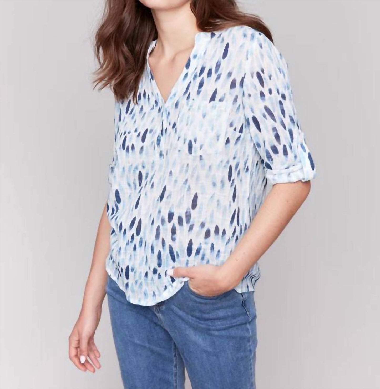 Charlie B - Printed Cotton Gauze Half-button Blouse