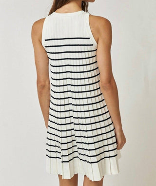 Lalavon - Striped Pleated Sleeveless Sweater Mini Dress