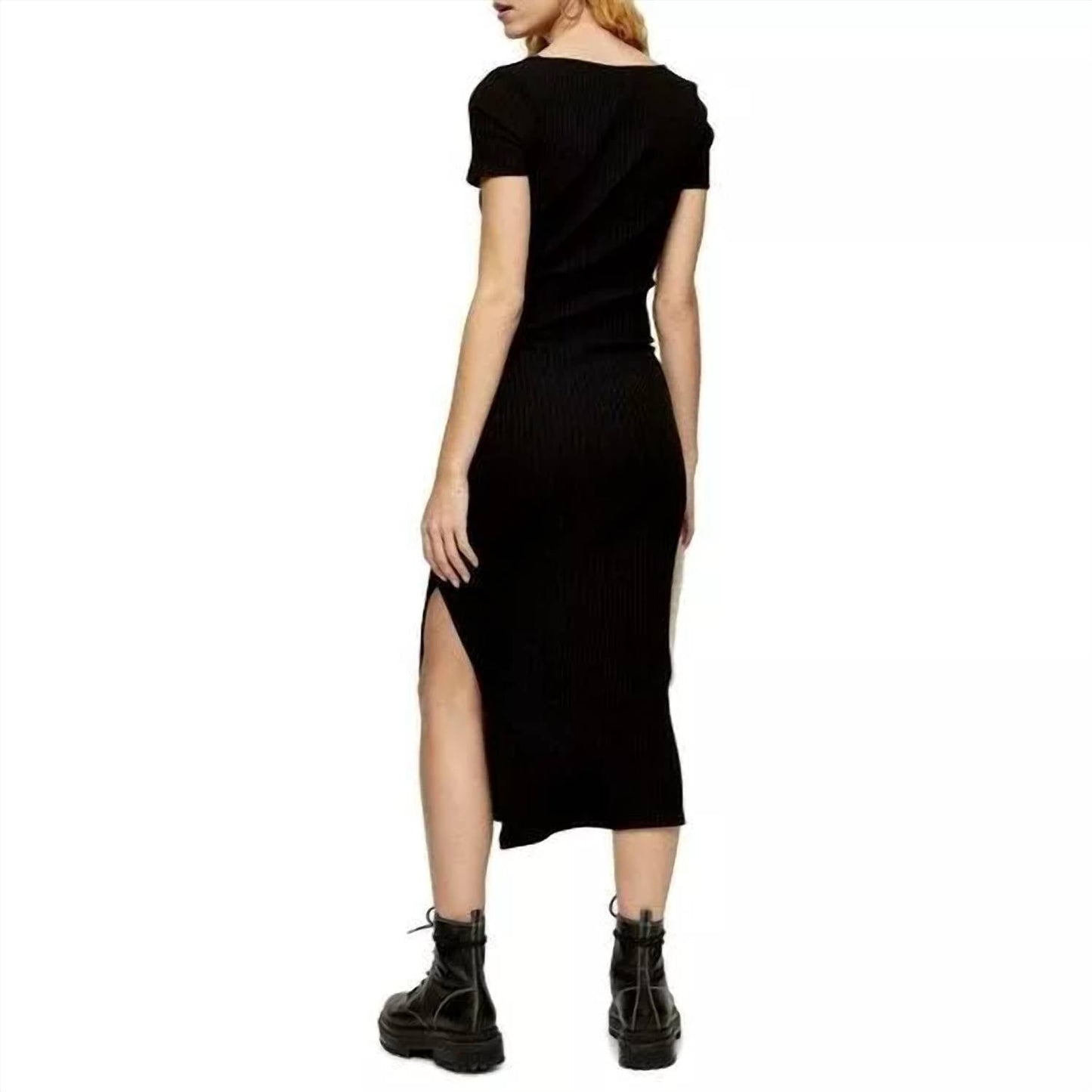 Topshop - Rib Knit Tie Waist Slit Bodycon Stretch Midi Dress