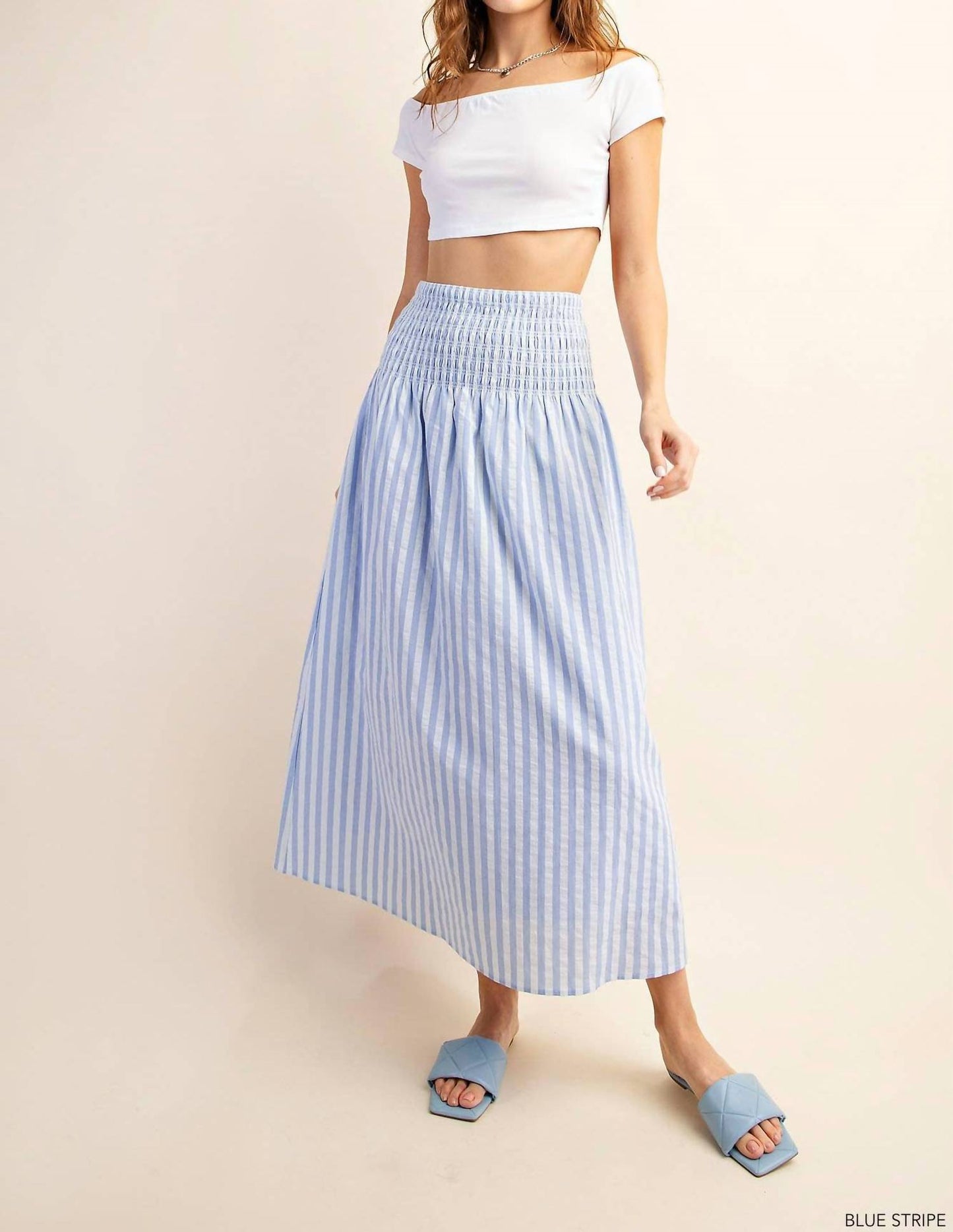Kori - Rayon Striped Lined Midi Skirt a/ Smocked Waist