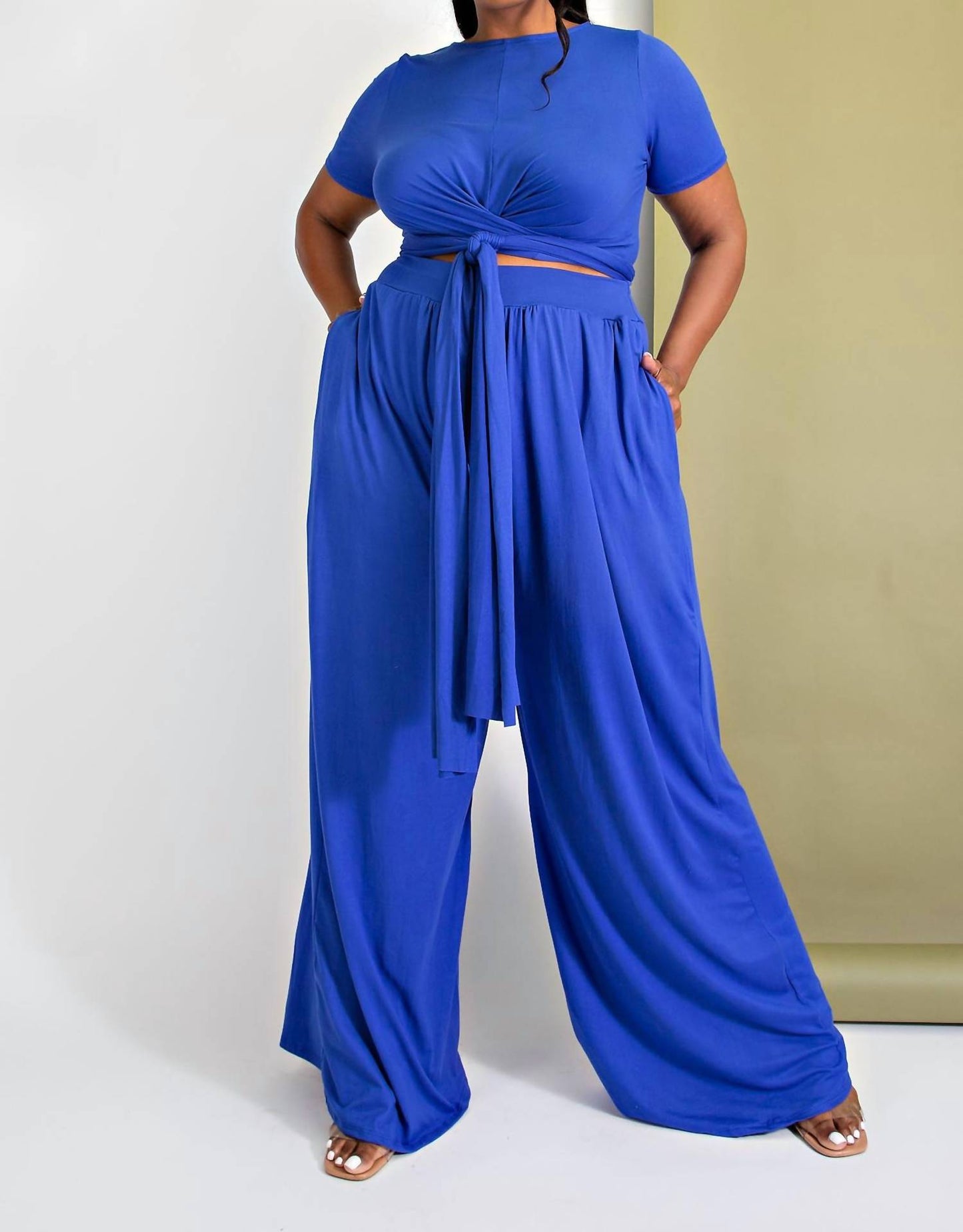 The Curve La - Plus Size Wrap Around Short Sleeve Top And Pants Set