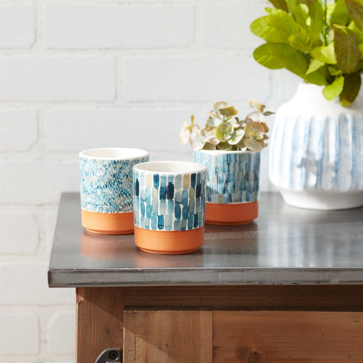 Watercolor Planter with Terra Cotta Accent (Set of 3)