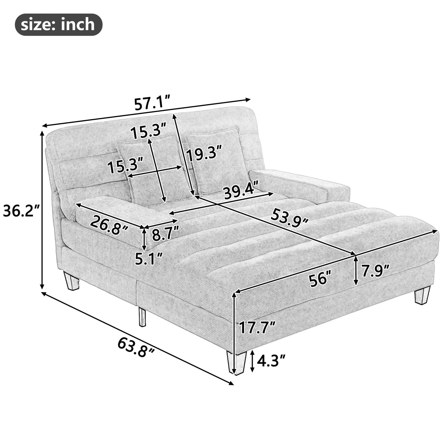 Chaise Bed Lounge Sofa Chair with Adjustable Backrest and LED Light Strip