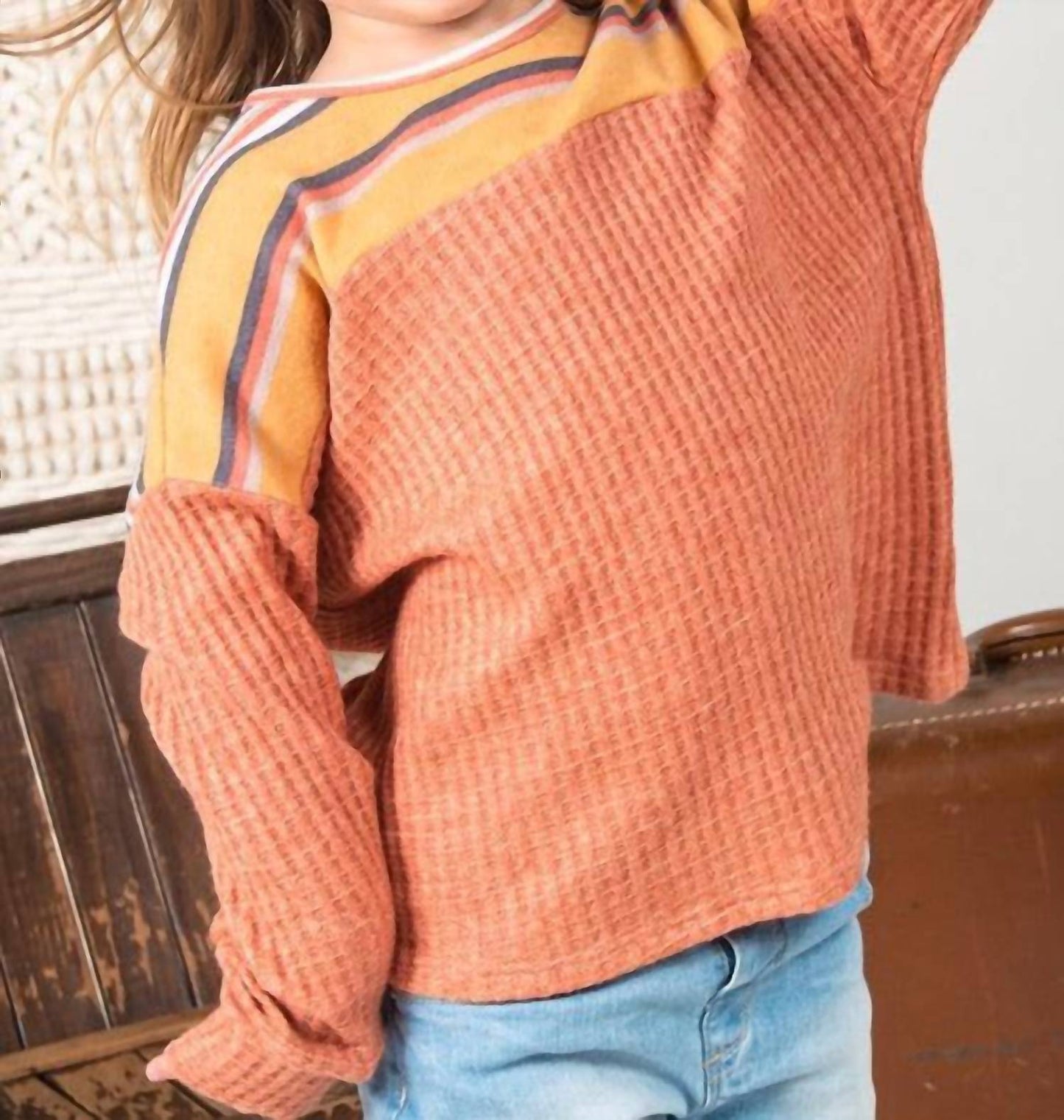 12Pm By Mon Ami - Girls Stripe Waffle Knit Top