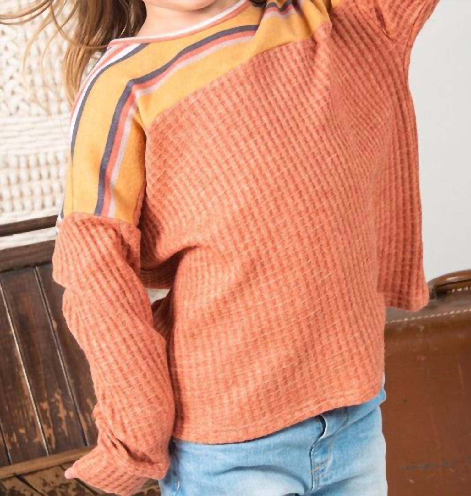 12Pm By Mon Ami - Girls Stripe Waffle Knit Top