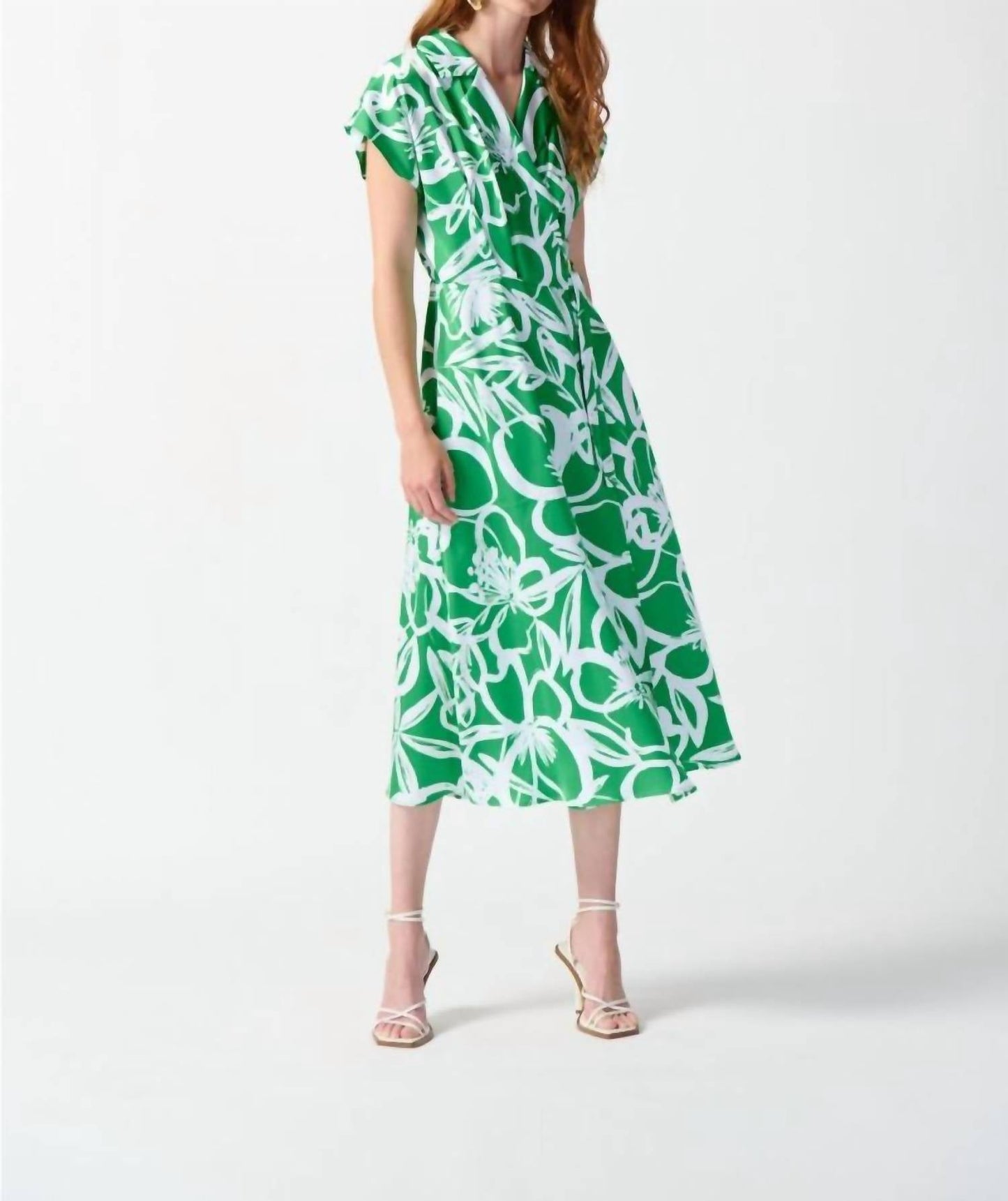 Joseph Ribkoff - Satin Floral Wrap Front Midi Fit & Flare Dress