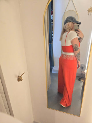 Blue B - Rhinestone Fringe Cut Out Side Open Back Jumpsuit