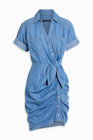 Veronica Beard - Hensley Ruched Mini Shirt Denim Dress