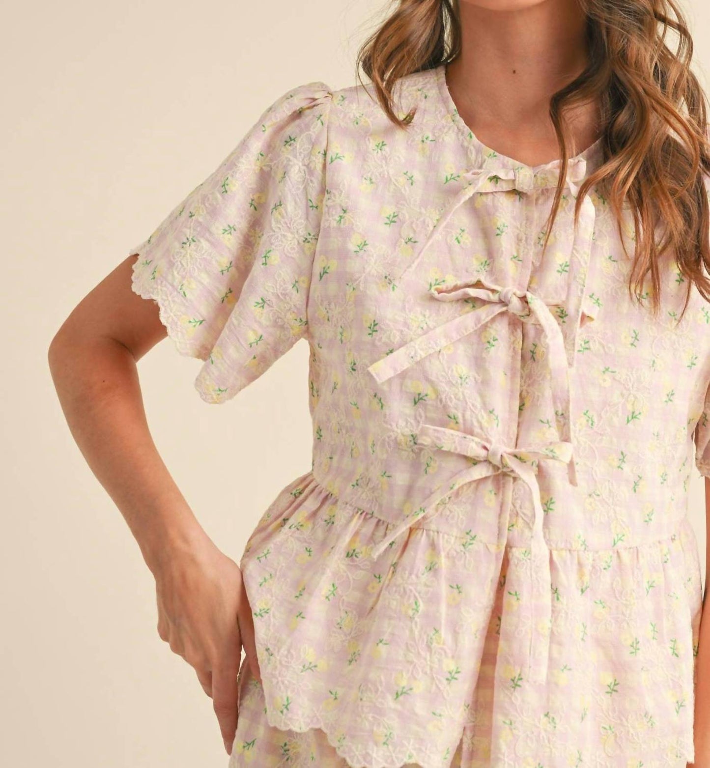 &Merci - Embroidered Floral Gingham Top And Shorts Set