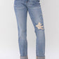 Judy Blue - Mid Rise Knee Destroyed Cuffed Long Boyfriend Denim Jeans