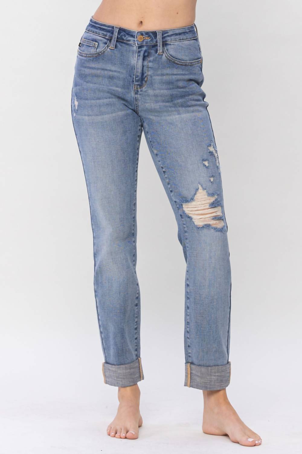 Judy Blue - Mid Rise Knee Destroyed Cuffed Long Boyfriend Denim Jeans