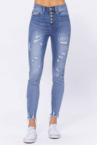 Judy Blue - High Waist Destroyed Button Fly Skinny Denim Jeans