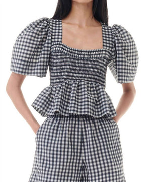 Ganni - SEERSUCKER CHECK OPEN NECK SMOCK TOP