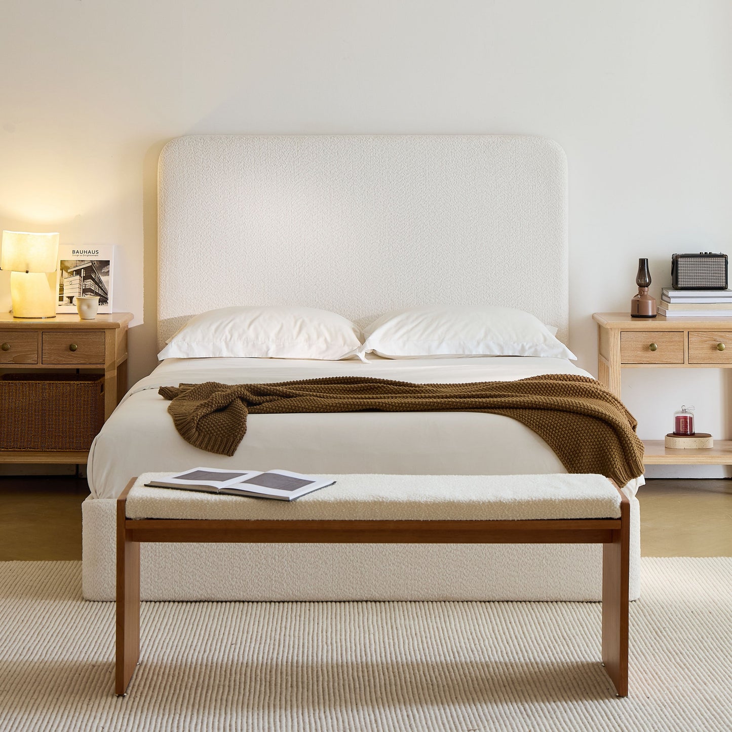 Canter Tall Headboard Upholstered Bed in Pearl White Chenille, Queen Size
