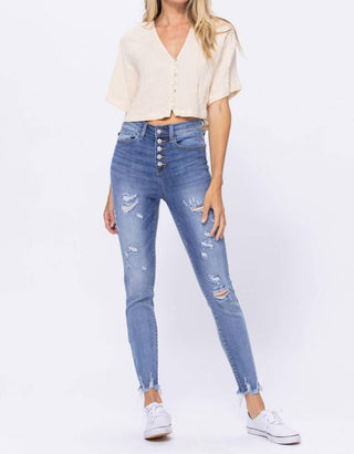 Judy Blue - High Waist Destroyed Button Fly Skinny Denim Jeans