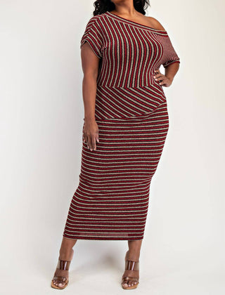 The Curve La - Plus Size Stripe Lurex Knit Off Shoulder Knit Midi Dress