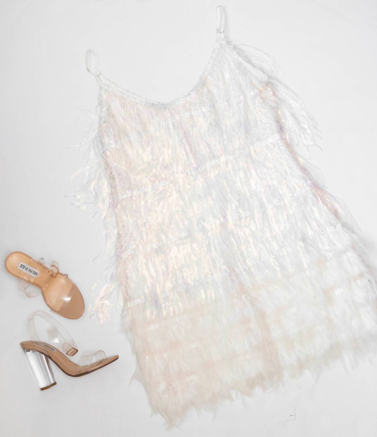 Day + Moon - Sequins Fringe With Feather Trims Mini Dress