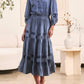 Current Air - Long Sleeve Split Neck Midi Dress With Pleated Skirt