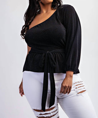 The Curve La - Plus Size One Shoulder Peplum Top With Tie