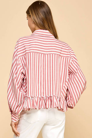 Tcec - Striped Button Up Ruffled Hem Shirt