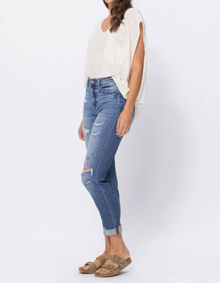 Judy Blue - High Waist Cuffed Distressed Boyfriend Jeans