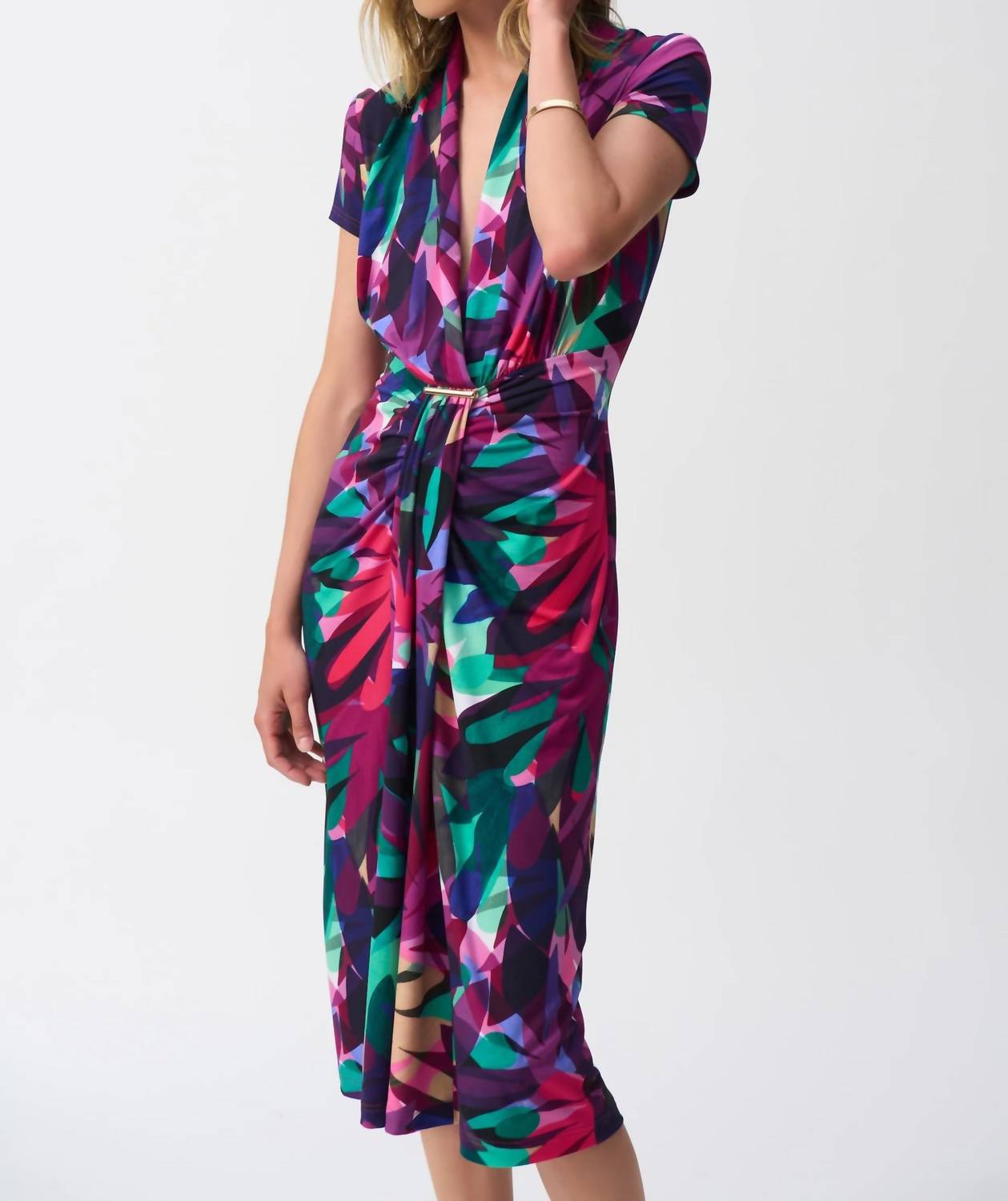 Joseph Ribkoff - Tropical Print Draped Front Midi Sheath Dress