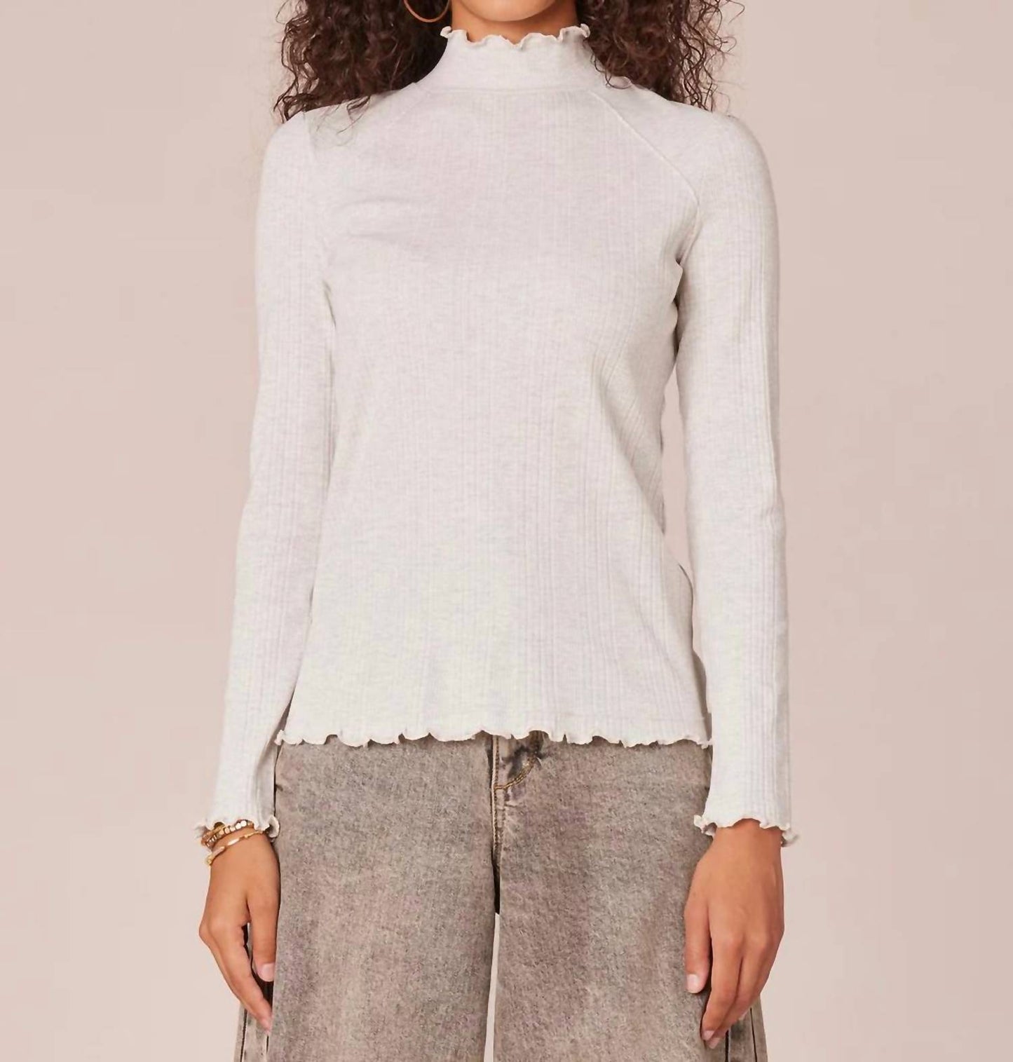 Democracy - Mock Neck Raglan Sleeve Knit Top With Lettuce Edge