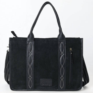 American Darling - Women's Black Suede Tote Bag With White Hand-stitching