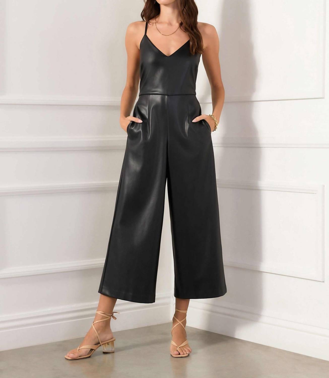 Fifteen Twenty - Faux Leather Cropped Jumpsuit
