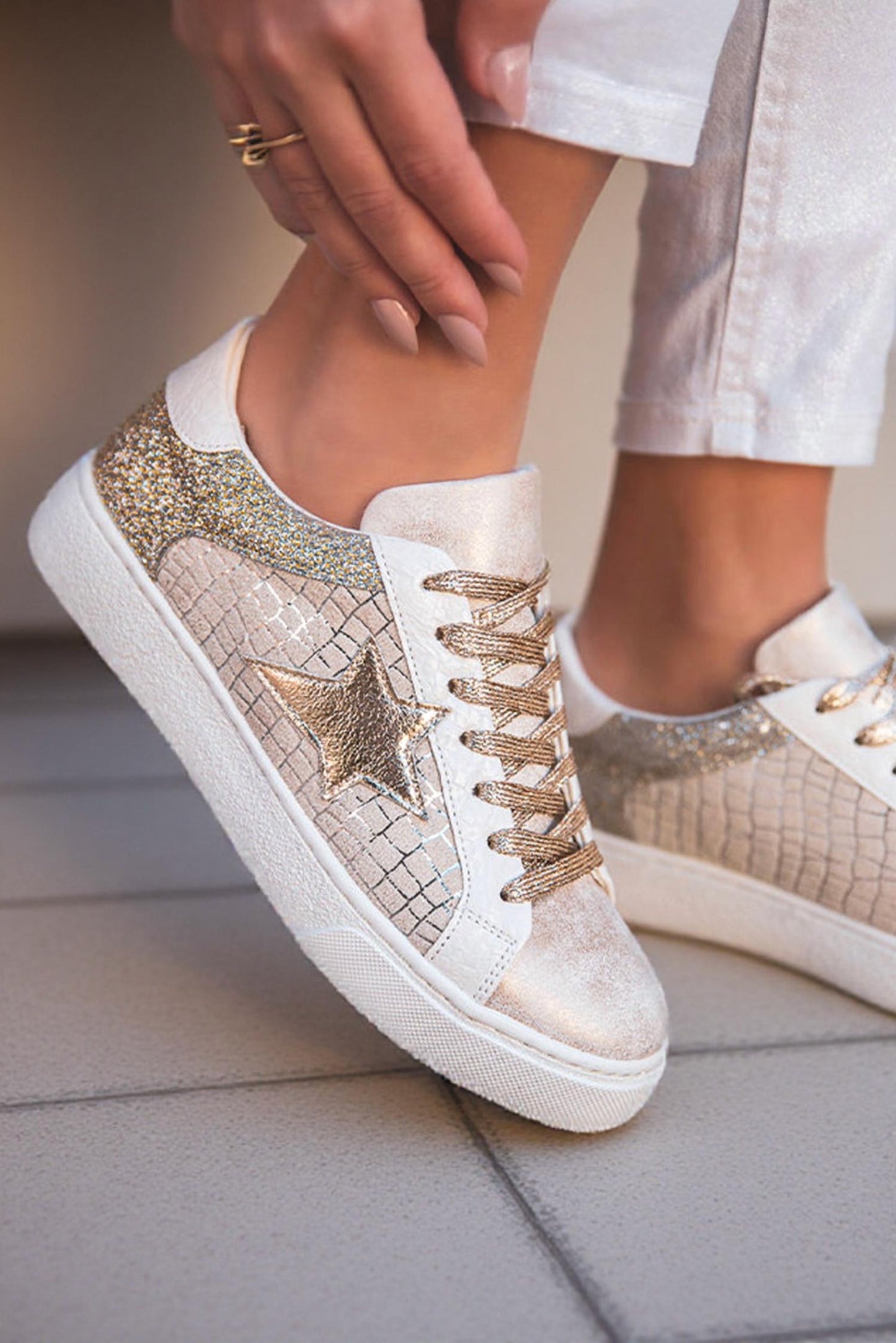 1 The Woman - Glitter Star Patchwork Leather Lace-up Sneakers