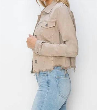 Risen - Full Size Raw Hem Button Up Cropped Denim Jacket Plus Size