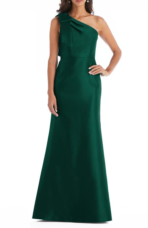 Alfred Sung Bow One-Shoulder Satin Trumpet Gown in Hunter, Size 4