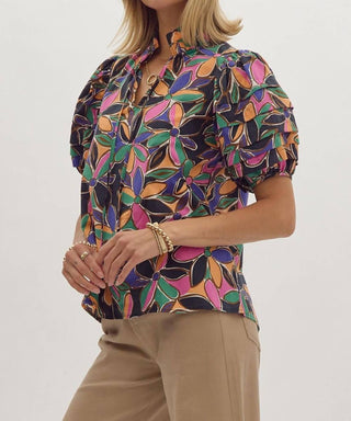 Entro - Floral Print Short Sleeve Tiered Detail Blouse