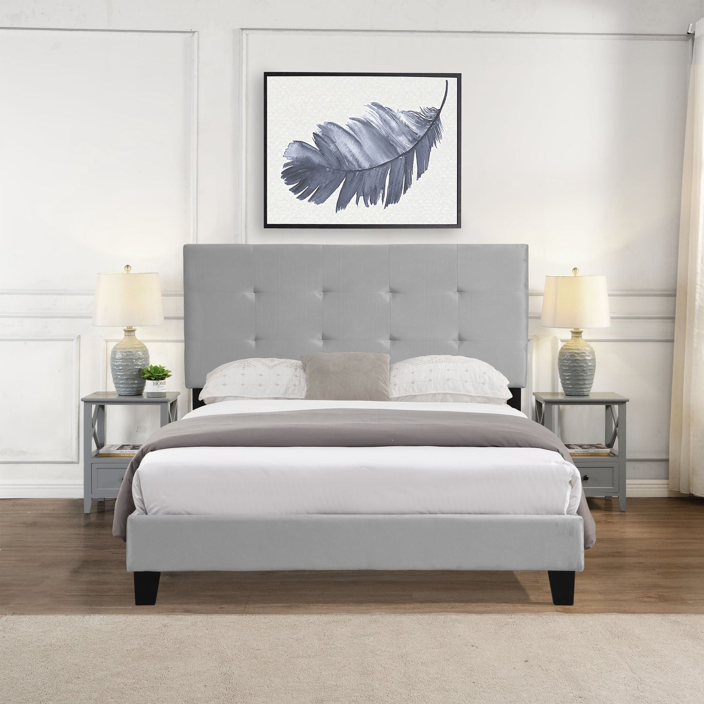 Queen Size Upholstered Platform Bed Frame With Pull Point Tufted Headboard