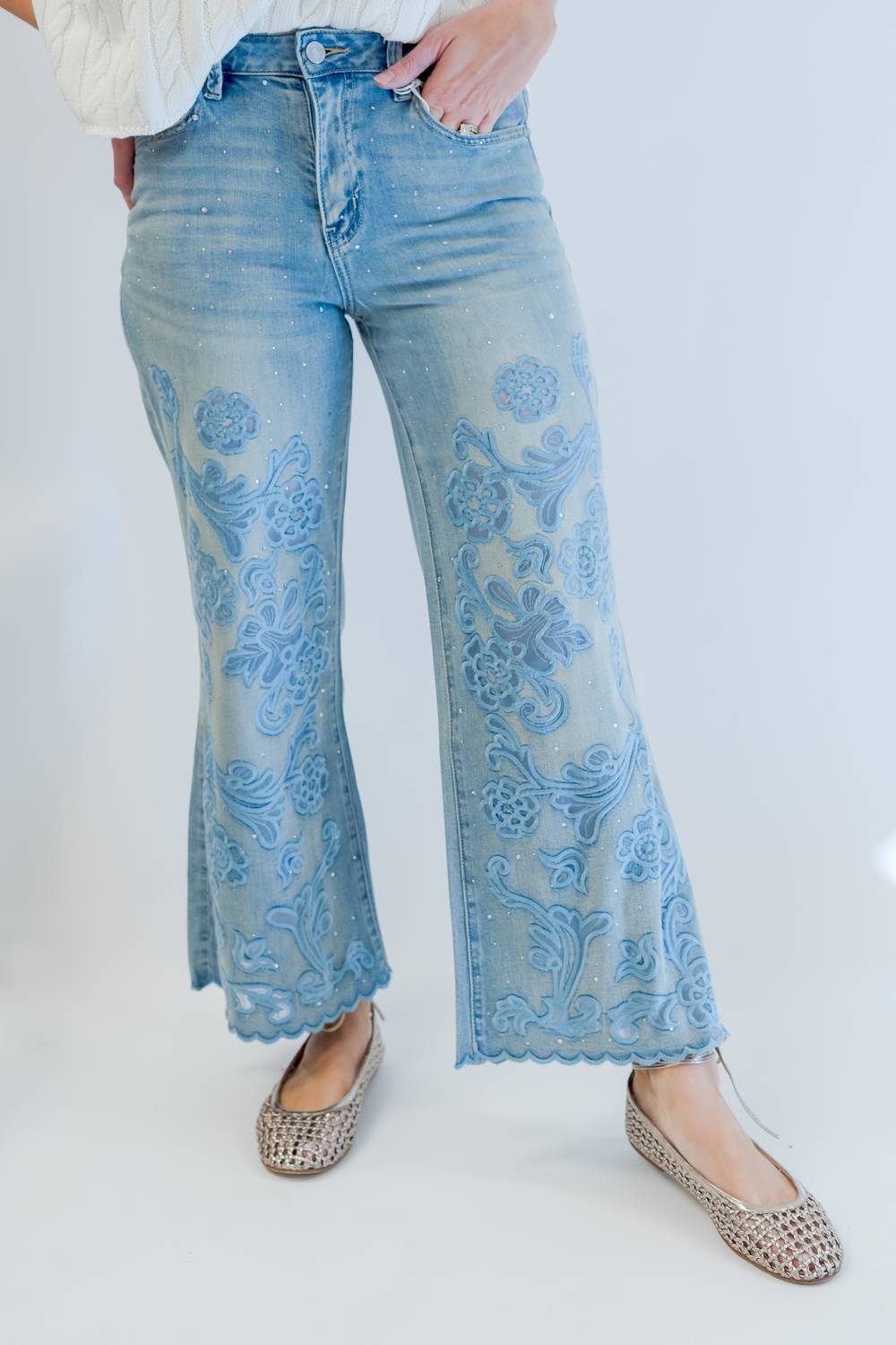 Bayeas - High Rise Wide Leg Jeans With Embroidery & Embelishment