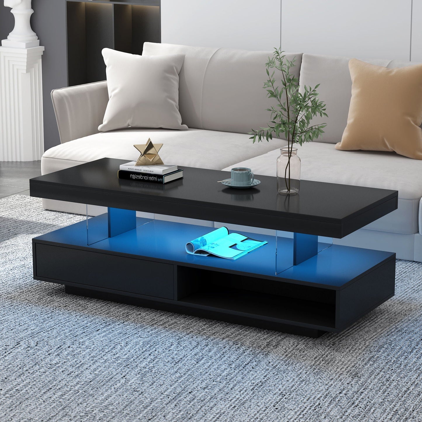 LED Coffee Table With 2 Drawers And Display Shelves