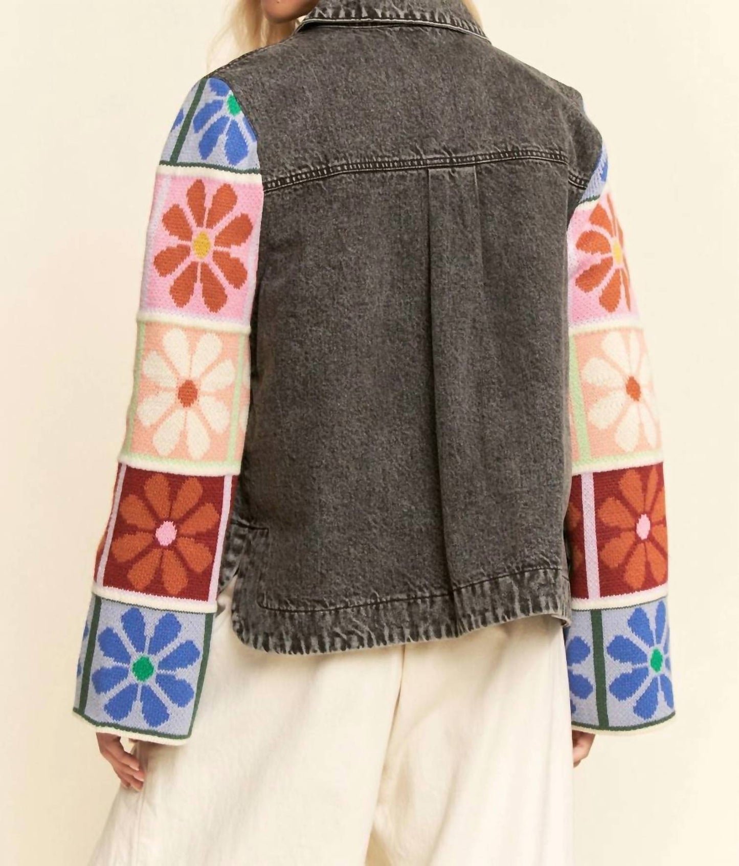 Davi & Dani - Patch Design Knit Sleeve Button Front Denim Jacket