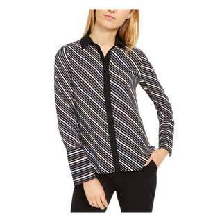 ANNE KLEIN Womens Black Striped Long Sleeve Collared Top Size: XS