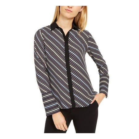 ANNE KLEIN Womens Black Striped Long Sleeve Collared Top Size: XS