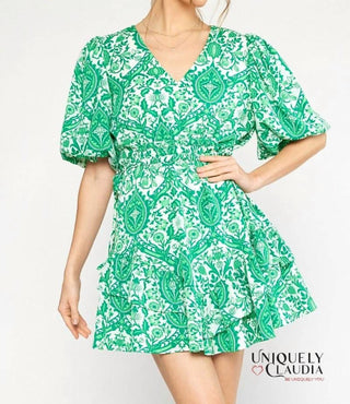 Entro - Francesca Green Ornate Print Puff Sleeves Ruffle Dress