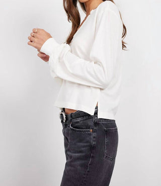 Bobi - Rib Mix Split Neck Long Sleeve Tee