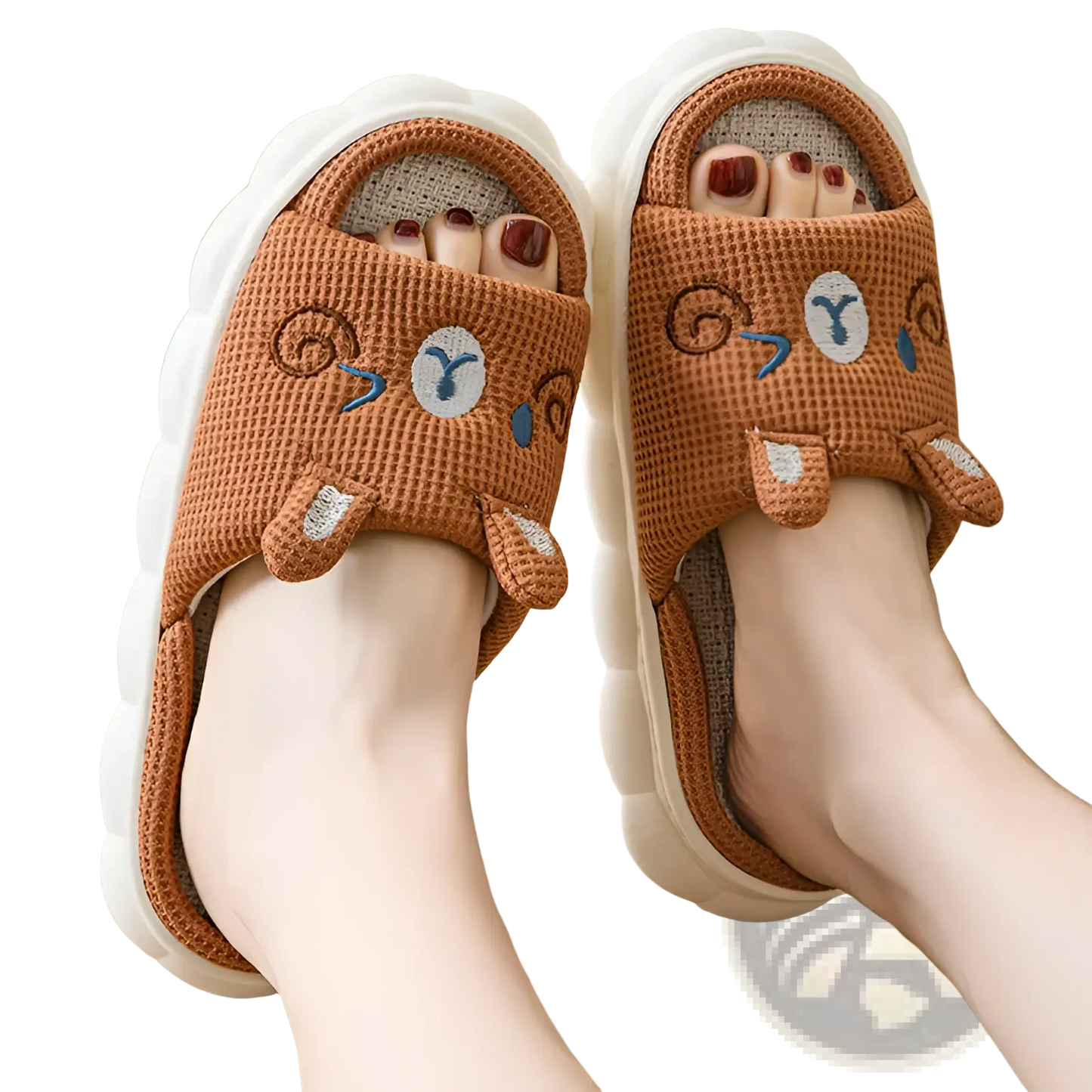Cartoon Animal Embroidered Open Toe Linen Slippers