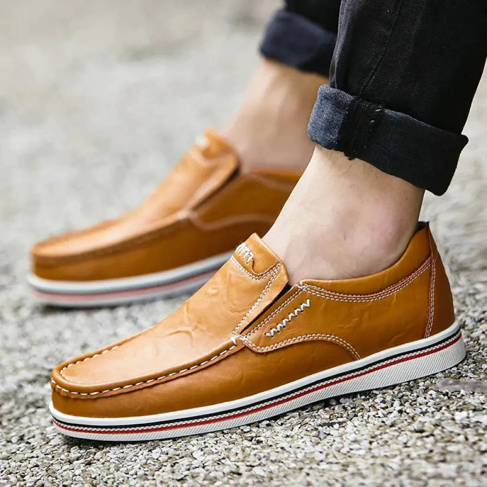 Men's British Leather Striped Sole Slip on Shoes