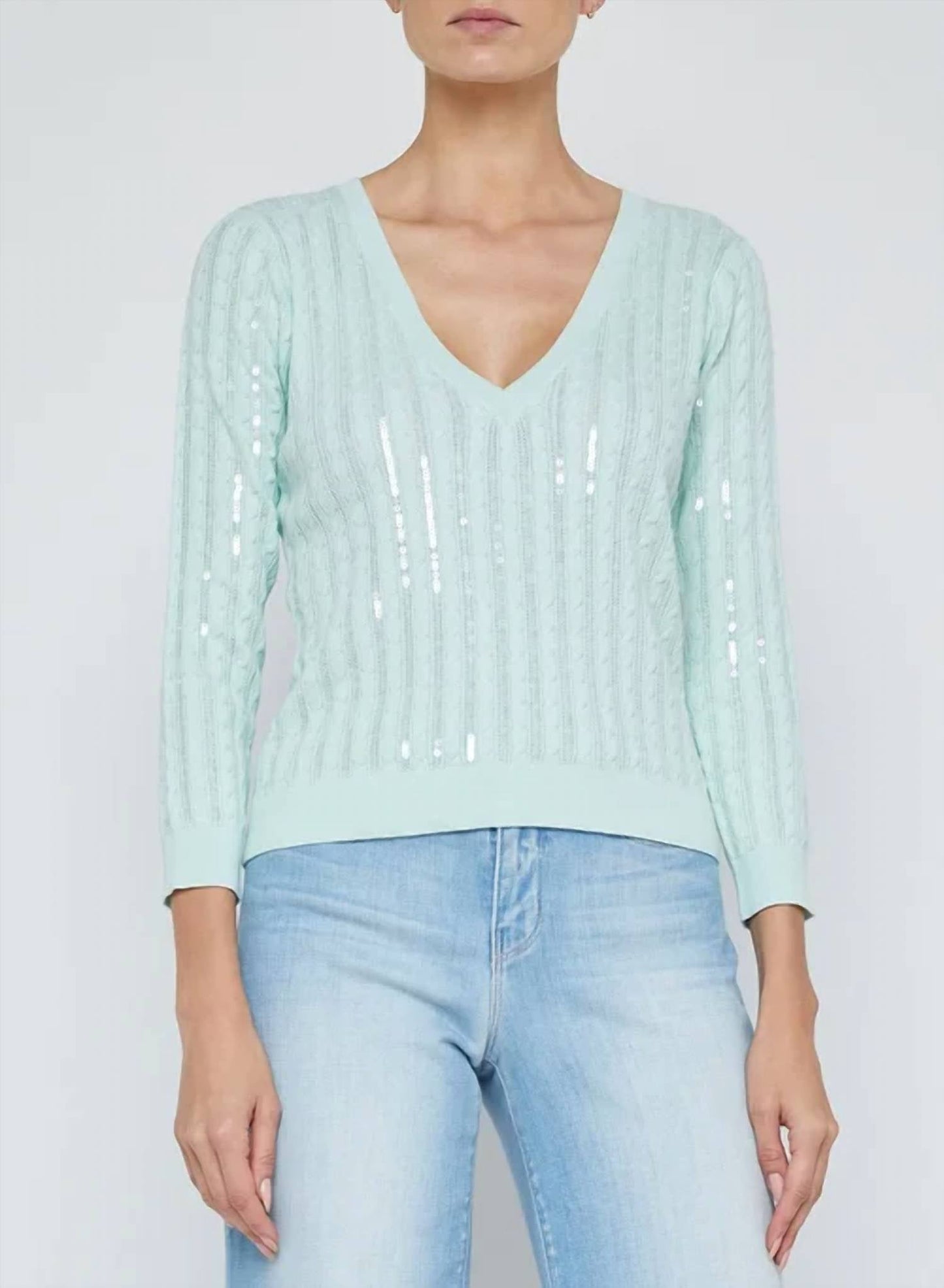 L'Agence - Trinity Sequin Stripe Cable V-neck Sweater