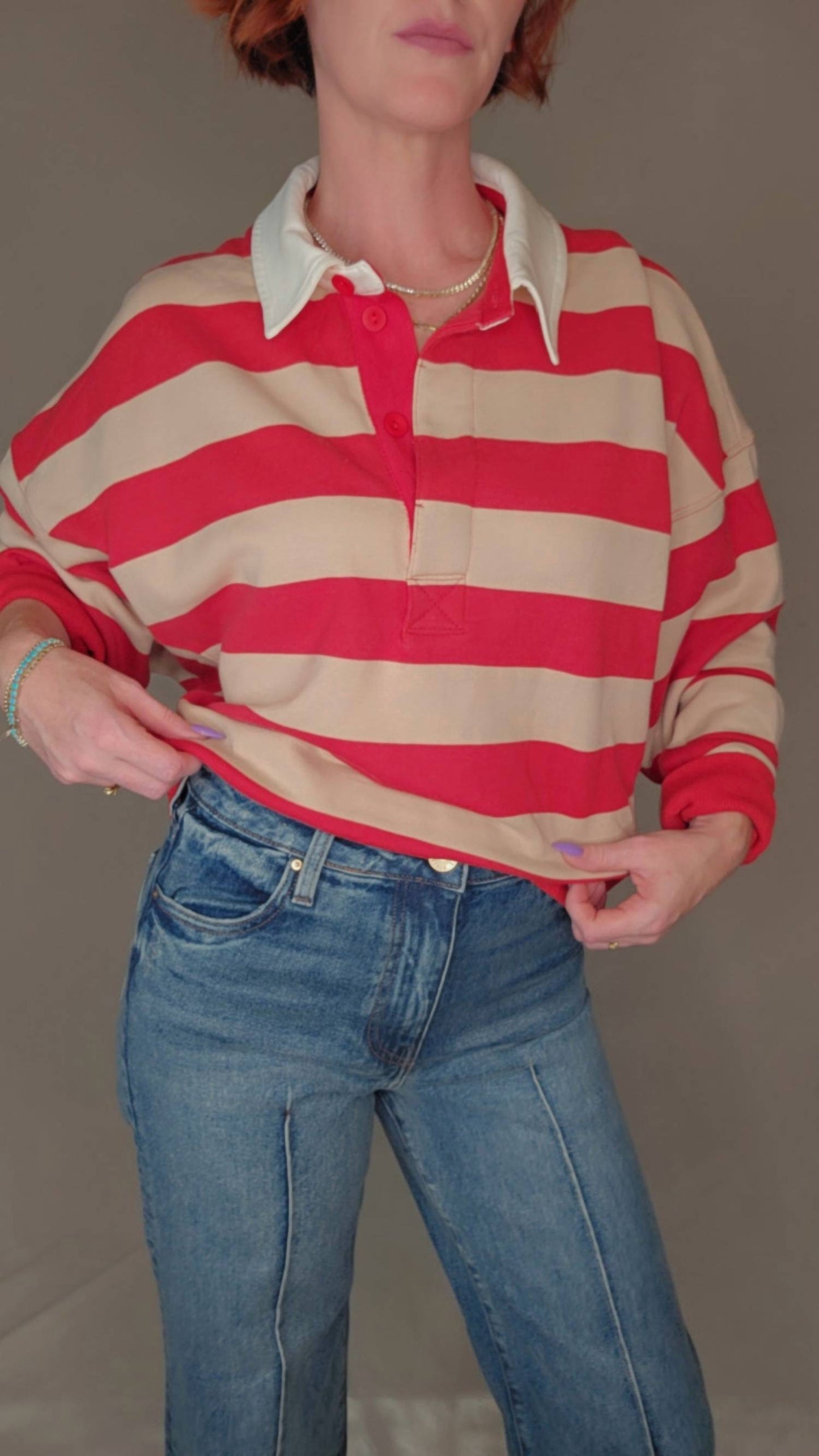 By Together - Striped Rugby Half Button Up Tee