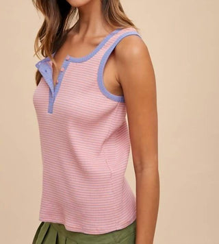 Anniewear - Contrast Striped Rib Henley Tank