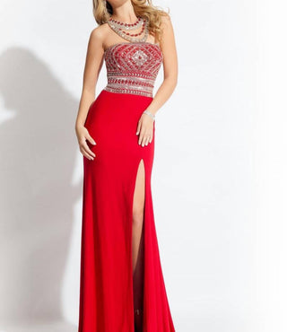 Rachel Allan - Beaded Jersey Prom Gown With High Slit