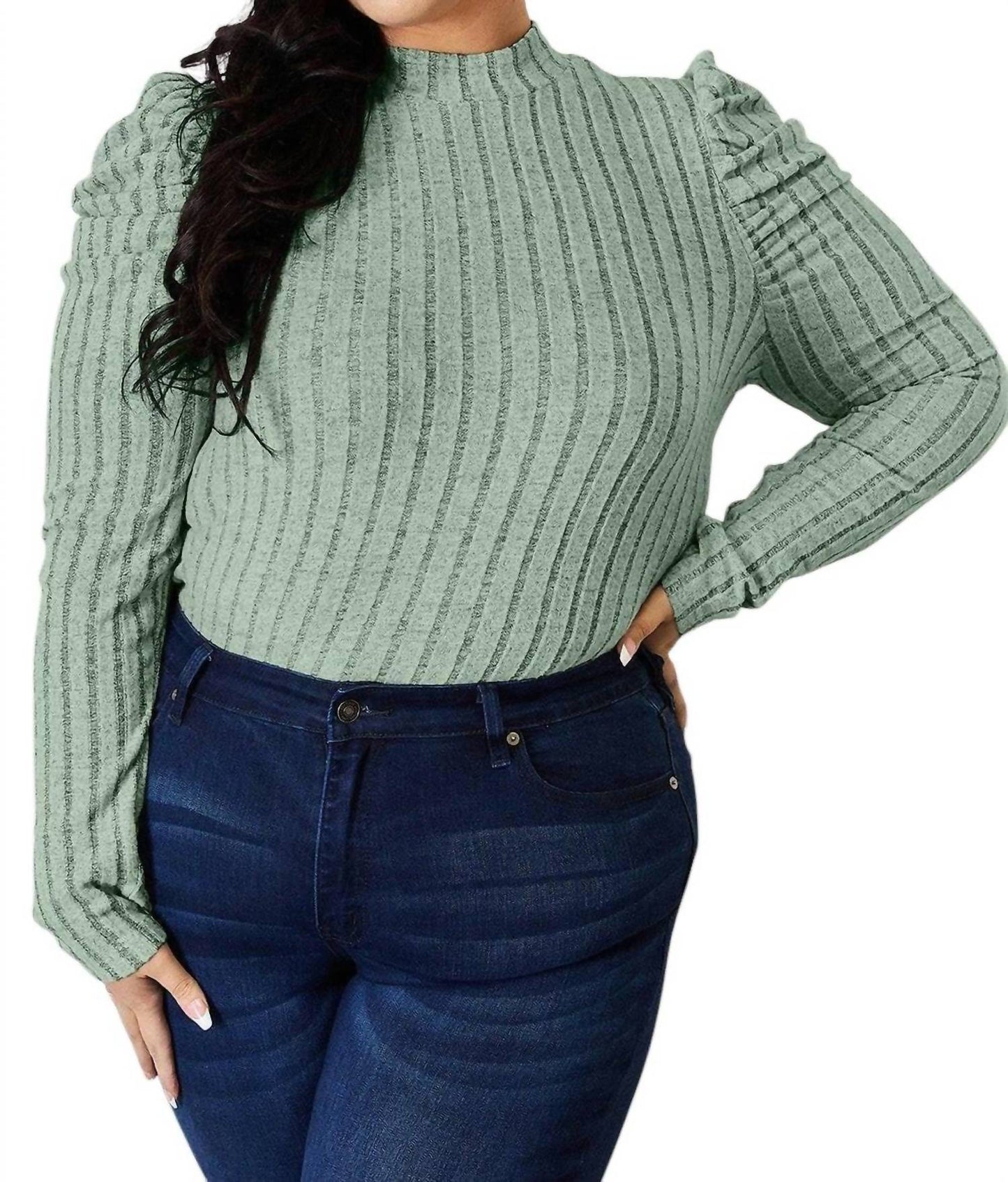 Basic Bae - Ribbed Mock Neck Top With Puff Sleeves