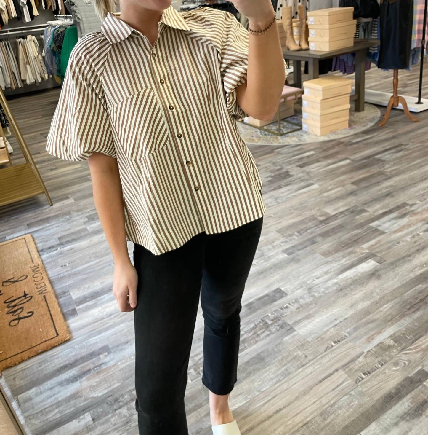 &Merci - Striped Bubble Sleeve Button Down Shirt